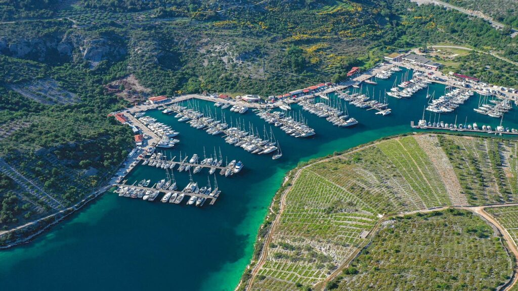 Aerial view of Marina Kremik with vineyards and pontoons